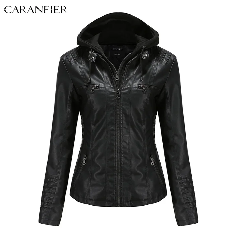 CARANFIER Women Jacket Faux Leather PU Hooded Jackets Female Winter Spring Motorcycle Streetwear Goth Coats Detachable Hat
