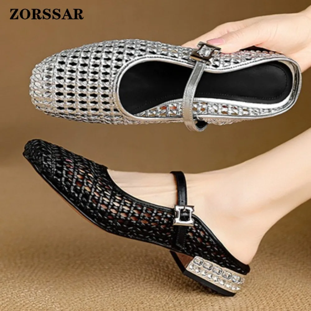 New Women's Hollow Out Woven Leather Mules Slippers Flats Backless Slides with Rhinestone Heel & Buckle,Fashion Summer Sandals