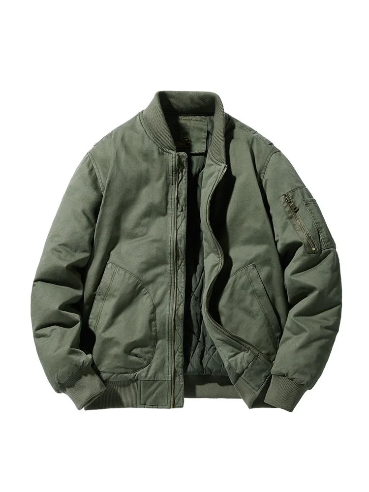 

Thiened Winter Jaet for Men Baseball Collar Retro Workwear Warm Function Cotton Coat Long Sve Zipper Closure No Hat