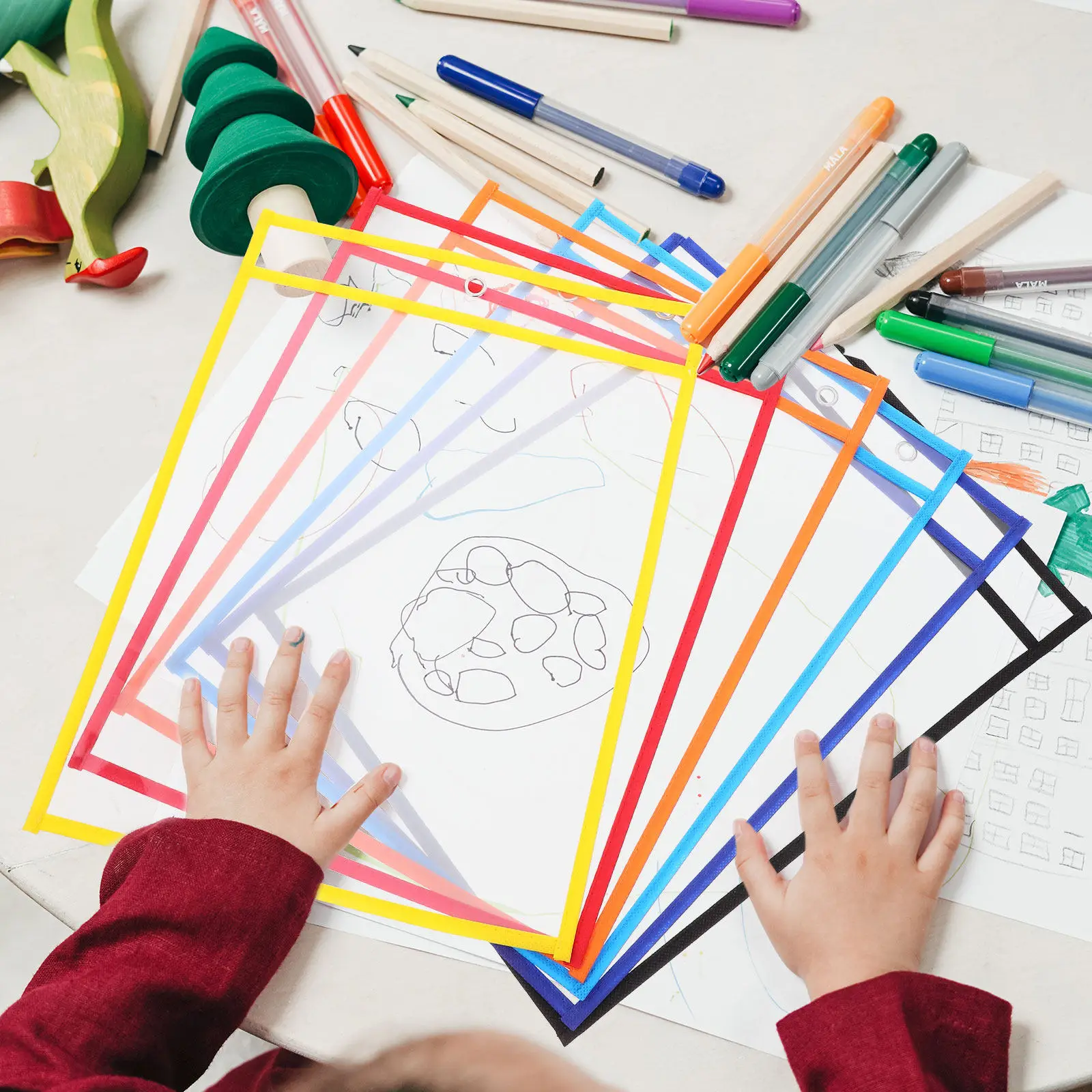 

6Pcs Dry Erase Pockets Reusable Transparent Sleeves Clear on Both Sides Easy Wipe for Classroom Teacher Supplies Educational