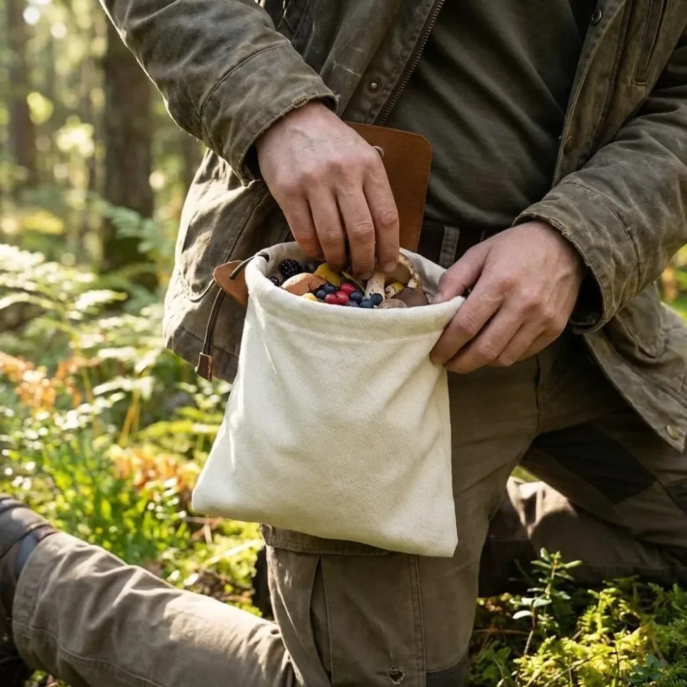 Foldable Foraging Bag Leather Canvas Mushroom Hunting Pouch Expandable Portable Outdoor Gathering Bag for Berries Herbs