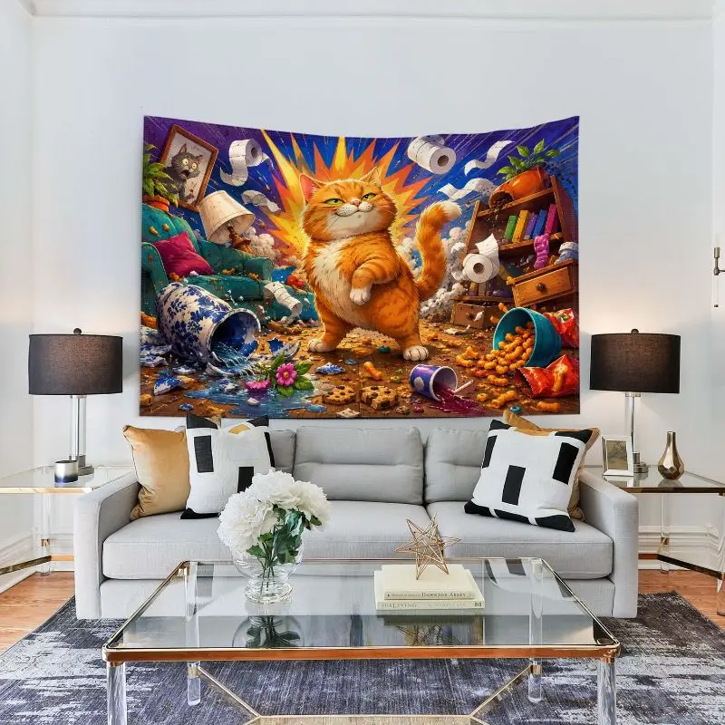 VIKAMA Orange Cat Chaos Explosion Room Wall Tapestry Funny Kitten Knocking Vase Toilet Paper Snack Cartoon Illustration Bedroom