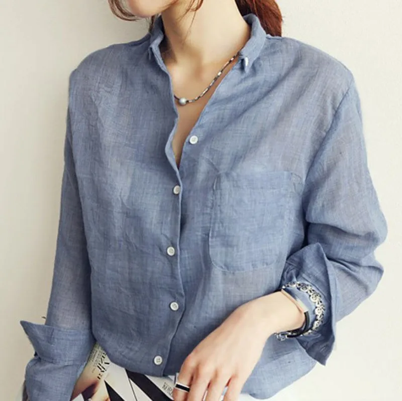 

Women Autumn Korean Harjauku Solid Cotton and Linen Blouse Vintage Solid Thin Loose Shirt 2024 Casual Long Sleeve Korean Tops