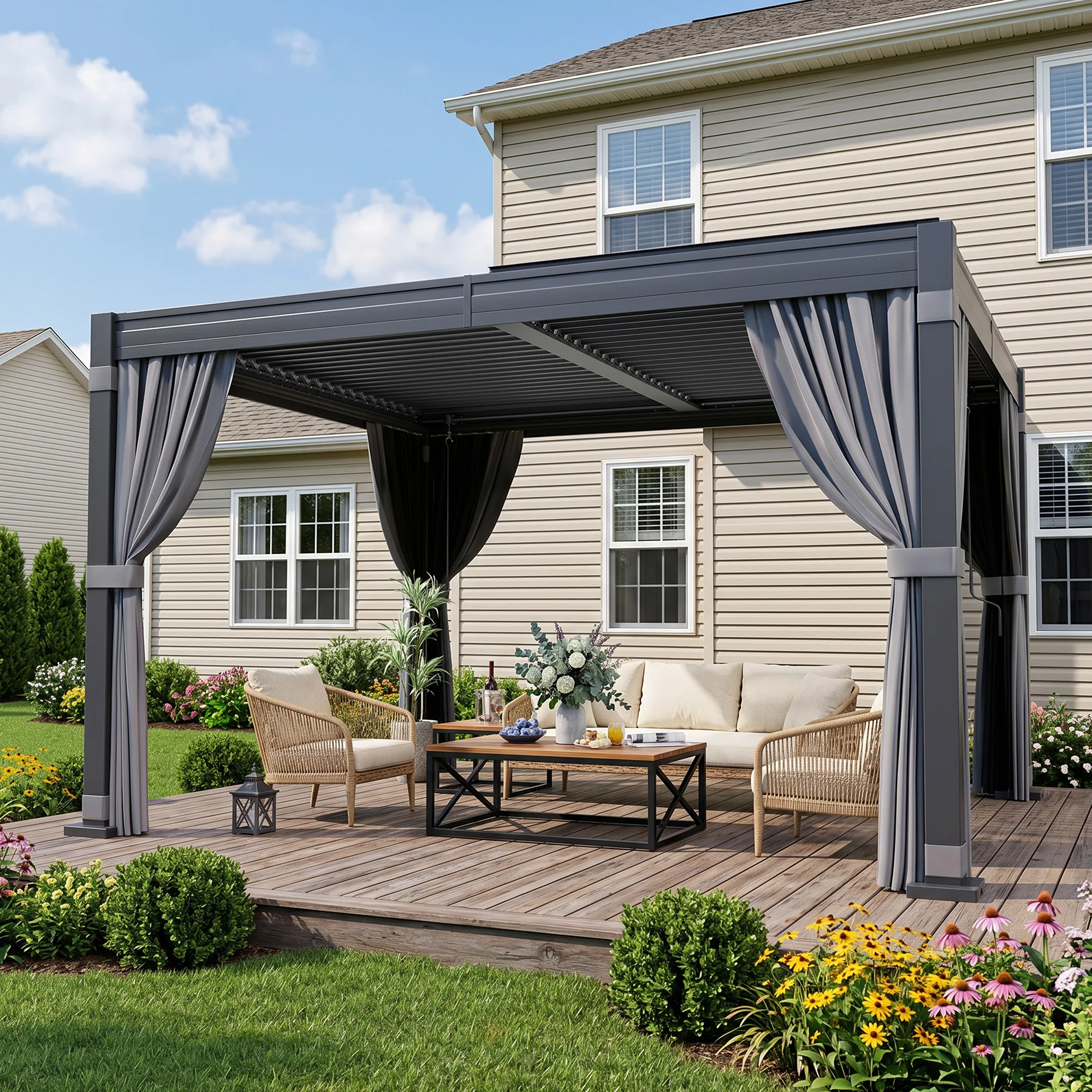 10x12 FT Louvered Pergola, Outdoor Pergola with 2 Independent Adjustable Roof and Drainage System, Metal Pavilion with Curtains & Netting, Hardtop Gazebo for Patio, Deck, Garden, Dark Gray
