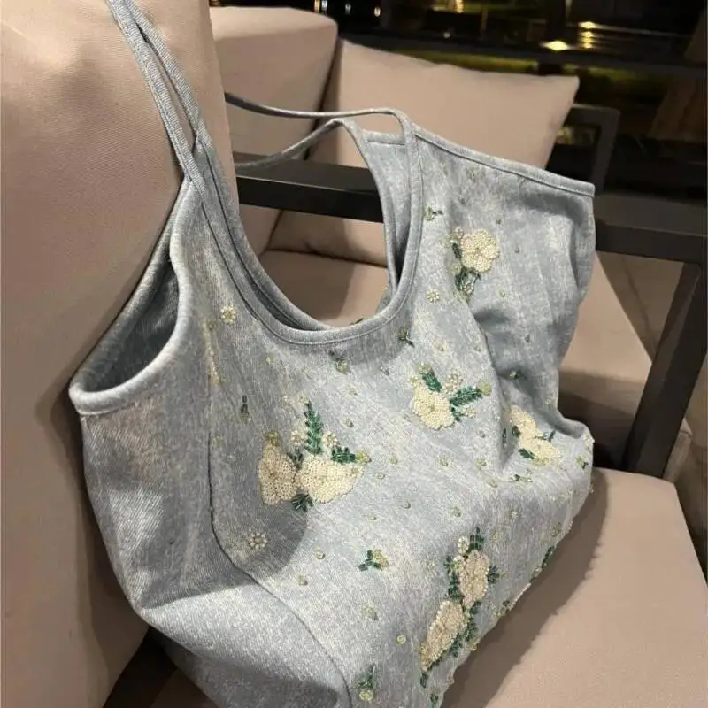 Bloom Floral Embroidery Blue Denim Handbag Women Fairy Core Aesthetic Y2k Shoulder Bags Female Large Capacity Underarm Bag