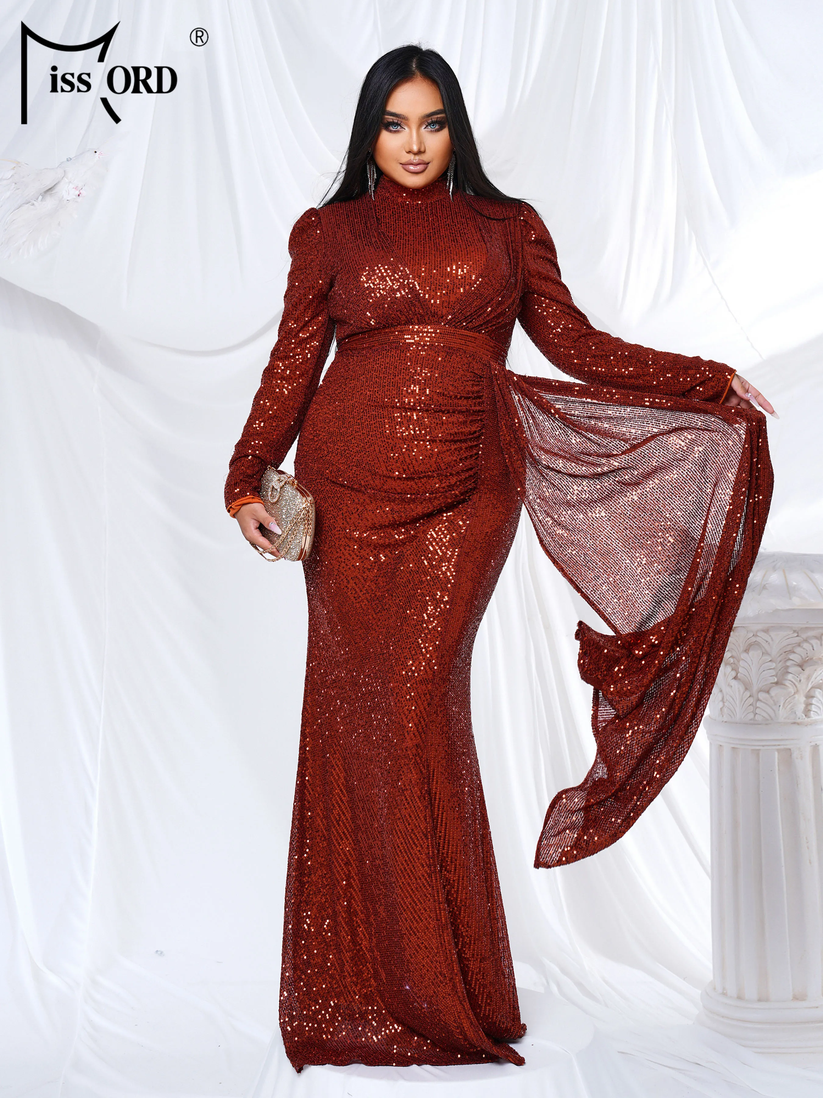 

Missord Plus Size 2024 Round Neck Long Sleeved Sequin Mermaid Evening Gown Formal Occasion Wedding Birthday Party Dress