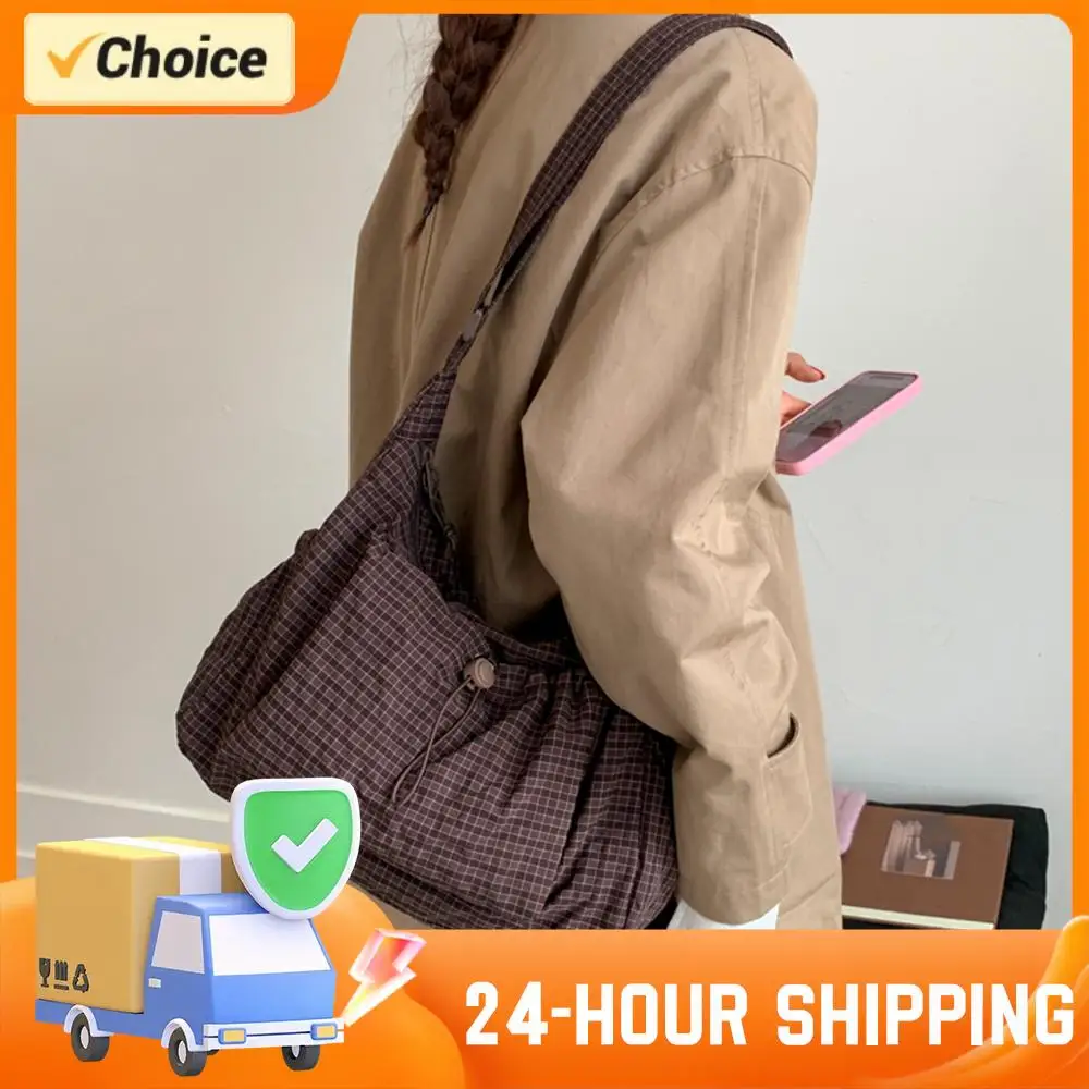 

Women's Portable Shoulder Bag Checkered Sling Bag Nylon Drawstring Crossbody Bag Large Capacity Stylish Plaid Tote Bag Handbag ﻿