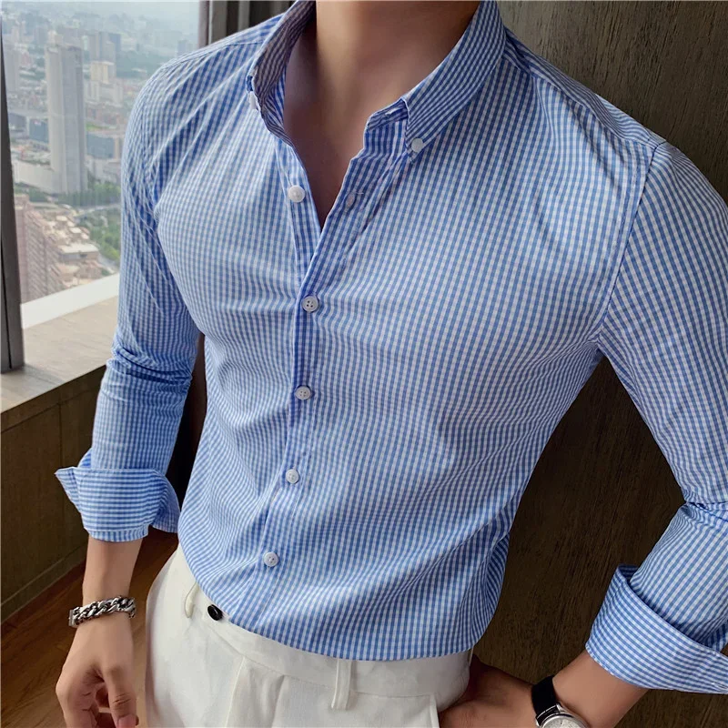 

Shirts for Men Long Sleeve Autumn New British Style Striped Plaid Casual Slim Fit Formal Dress Camisas Fashion Men Clothing Z372