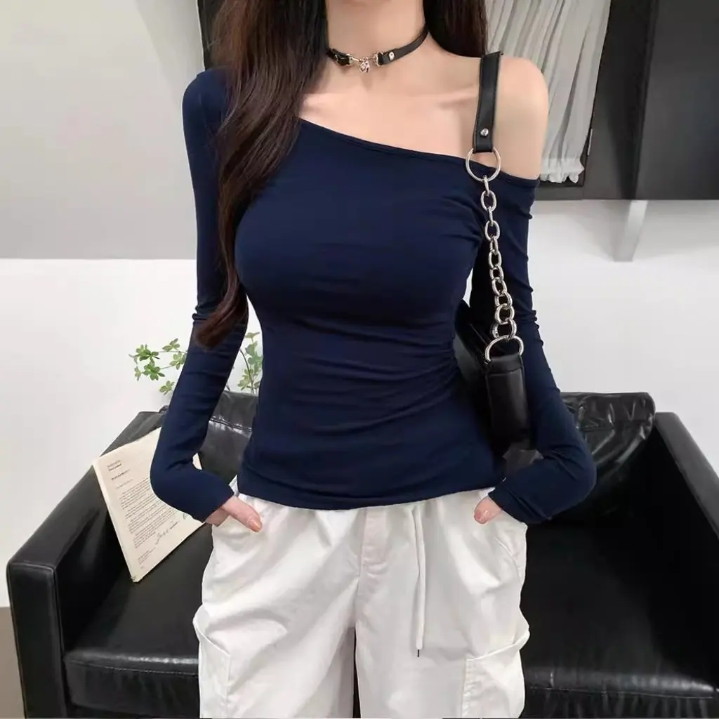 تي شيرت نسائي بكتف نقي وأكمام طويلة بقصة ضيقة أوائل الخريف موضة Ins Style Spice Girls Niche Top