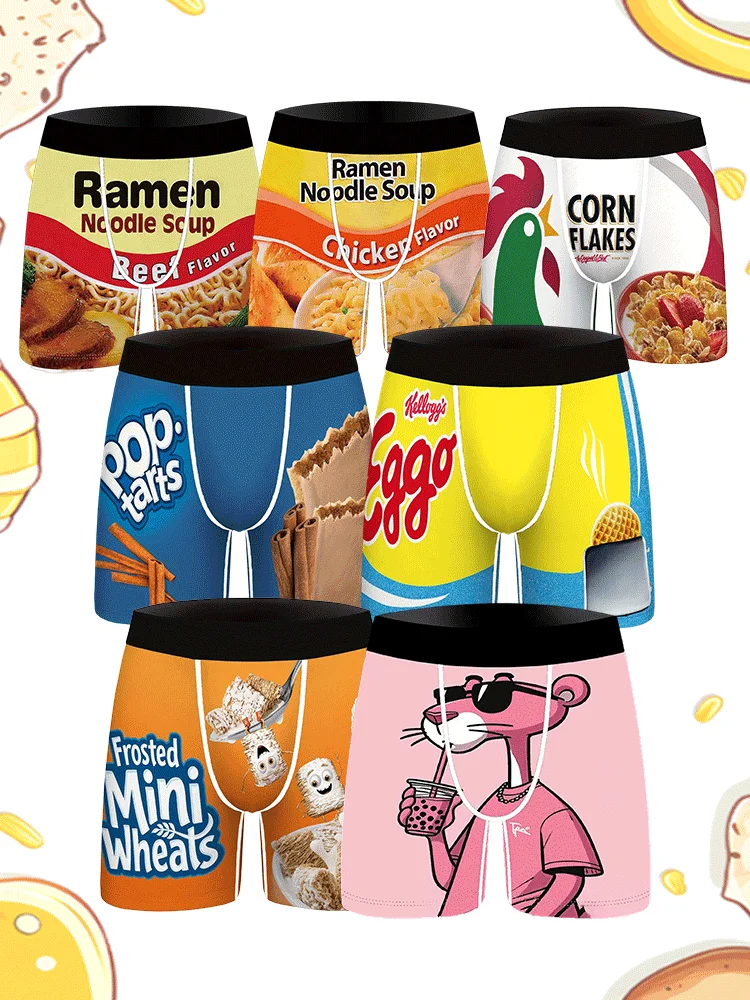 1 Uds. Ropa interior para hombre, Boxer Snack, pantalones cortos con estampado de fideos instantáneos, bañadores transpirables de secado rápido para hombre, Boxers de talla grande S-3XL para hombre