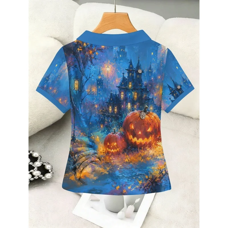 Women's V Neck Short Sleeve Polo Shirt, Oil Painting Halloween Haunted Castle Pumpkin Print Casual Top