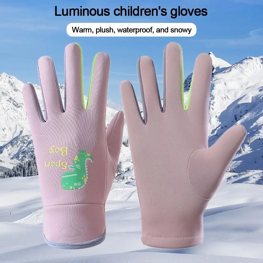 Cartoon Full Finger Gloves Windproof Waterproof Children Ski Gloves Winter Warm Nightlight Snowboard Mittens Outdoor Sports