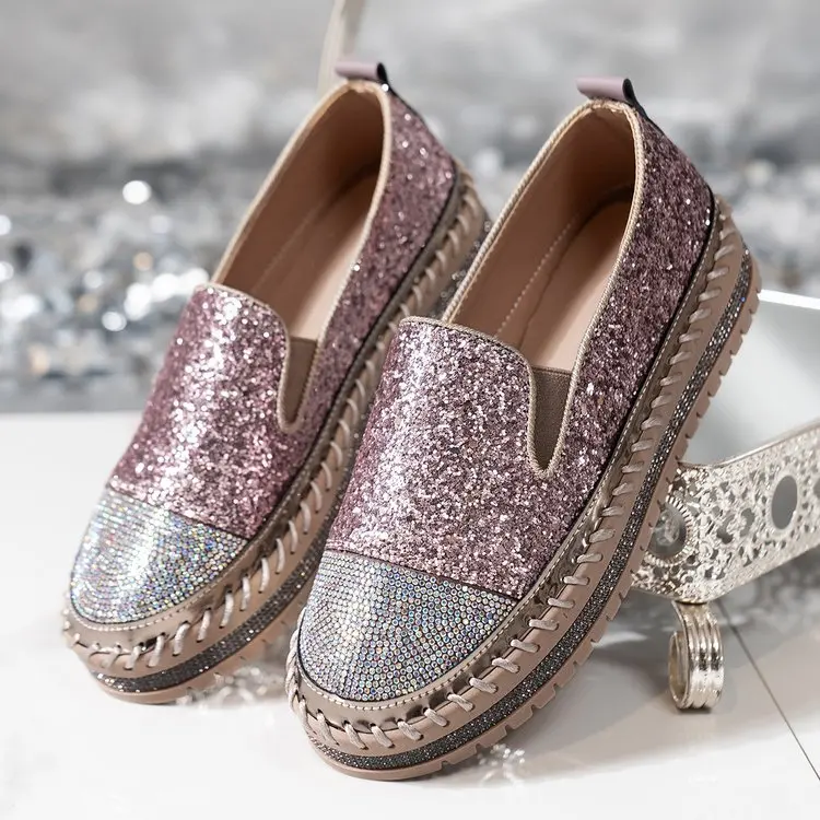 Women's casual shoes large size spring style loafers women's round toe thick bottom flat rhinestone fashionable women's shoes