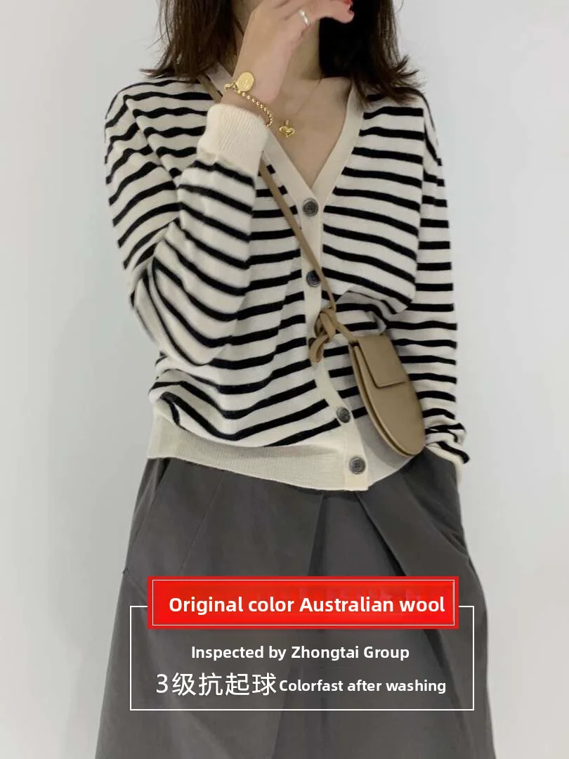 

Women's Woolen Open Cardigan V-Ne Striped Knitwear Soft Loose Autumn Winter Outerwear Korean Sle Retro Sle Top