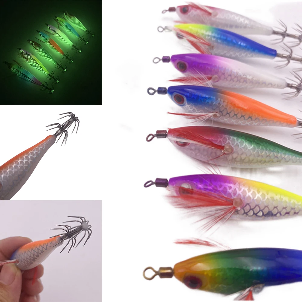 

5g/8cm Fishing Bait Luminous Wooden Shrimp Squid Hook Fake Bait Fish Hook Laser Luminous Floating Egi Lure Squid