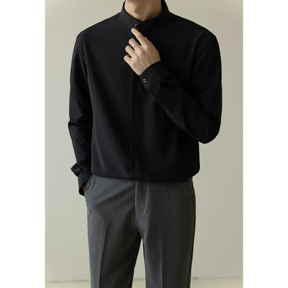 Korean Style Men's Casual Business Trendy Loose Solid Color Stand Collar Long Sleeve Non-iron Shits Autumn Fashion Top Clothes