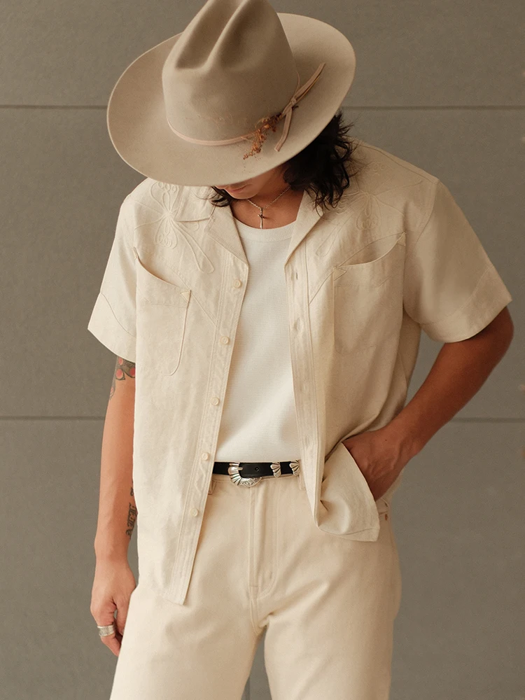 

Western Series 8OZ Cus Woven Reins Linen Blend Cuban Collar Vintage ort Sve irt MBBCAR Narrow Width Breathable Summ...