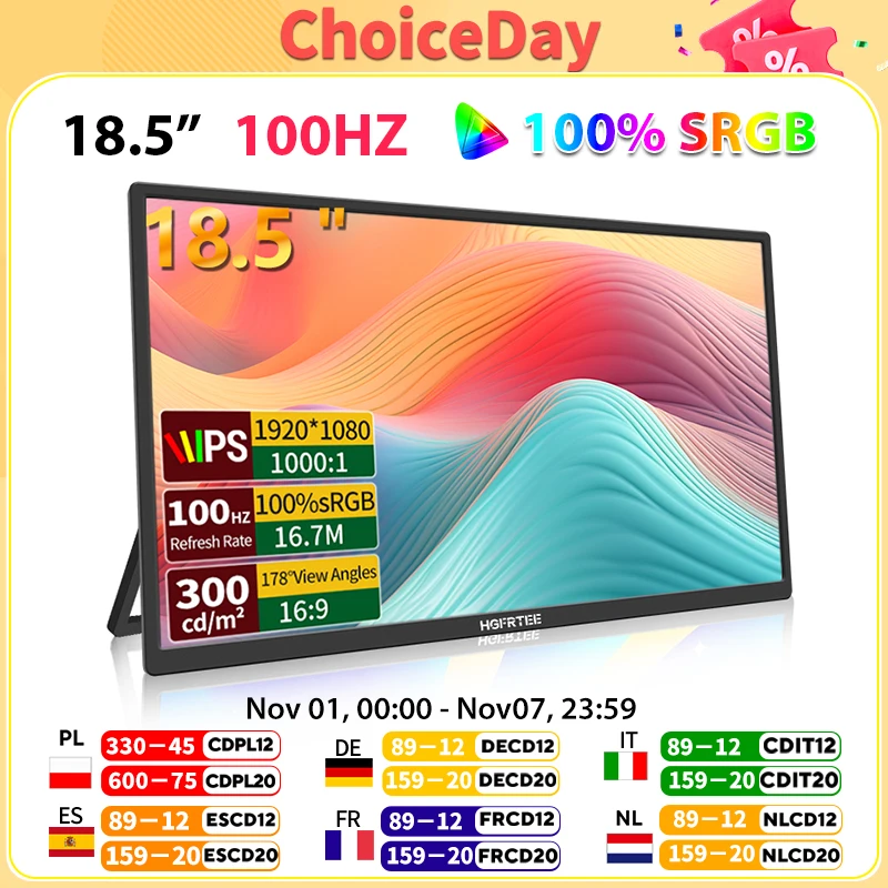 HGFRTEE 18.5 นิ้ว 100Hz จอภาพแบบพกพา VESA ขาตั้ง PC GAMING ขยายจอแสดงผล ADS-IPS หน้าจอขนาดใหญ่รองรับ Type-C HDMI