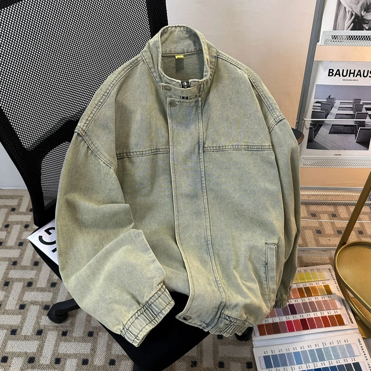 

Waed Denim Jaet Men's Loose Fit Stand Collar Water Waed American Sle Trendy Casual Outerwear Polyester Blend