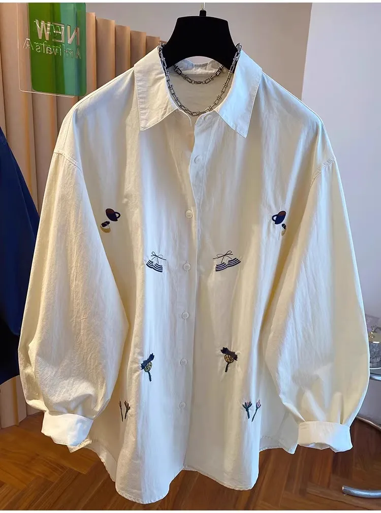 Vintage French All Match Casual Blouse New Fashion Cute Embroidery Single Breasted Lazy Shirt Office Lady Spring Clothe