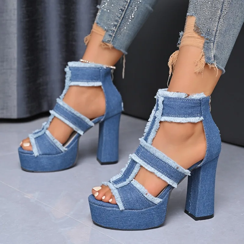 

Women's Super High Heels Tassel Sandals Sexy Chunky Heels Summer Denim Hollow Back Zipper Height-enhancing Slides Women Sandals