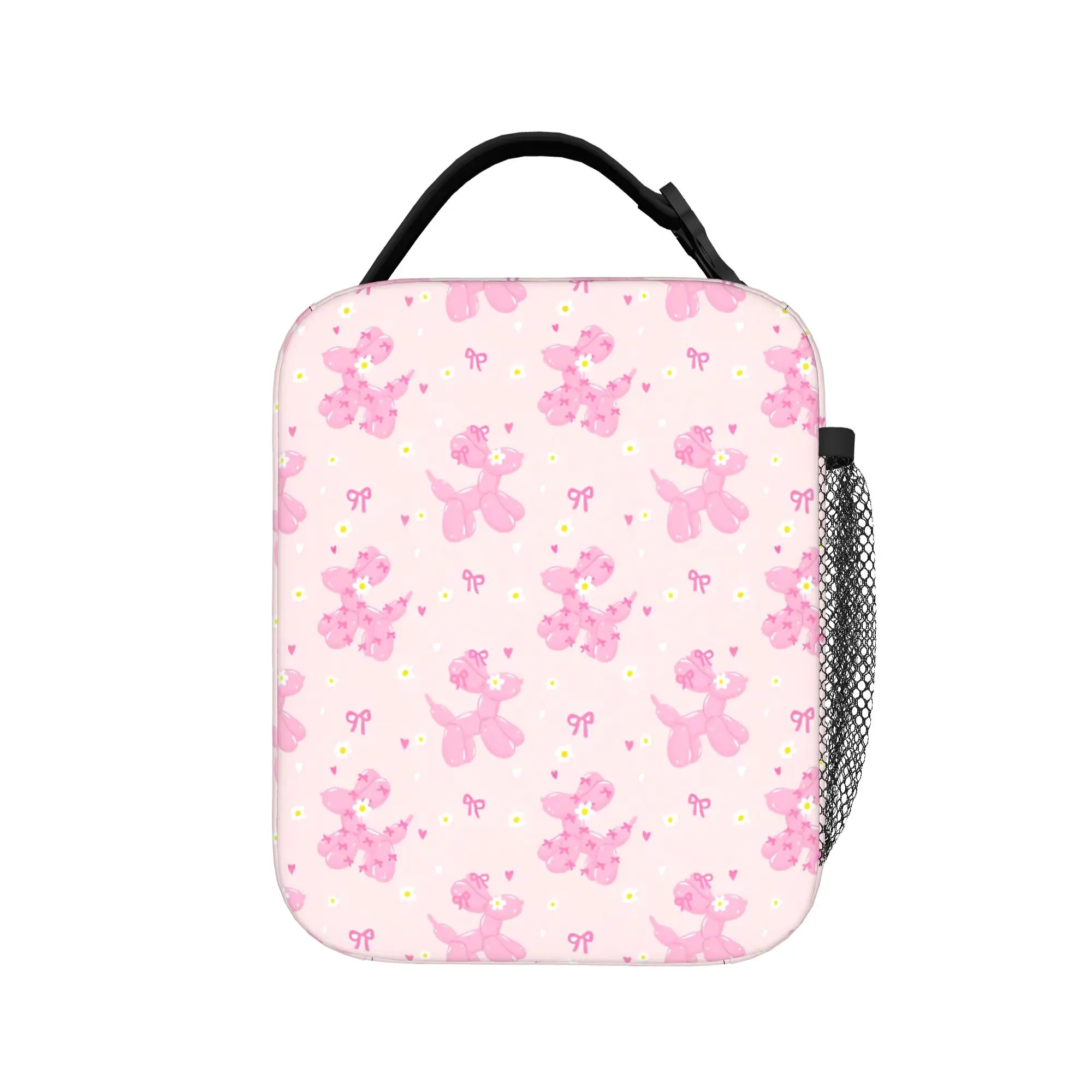 Coquette Pink Balloon Dog with ribbon bow Lunch Bag Fashion Lunch Box For Women Portable Cooler Bag Thermal Tote Handbags