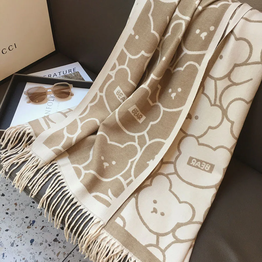 

Korea Style Classic Bear Letters Jacquard Scarf Long Soft Faux Cashmere Shawl Students Winter Thick Neckerchief Women Cape Gift