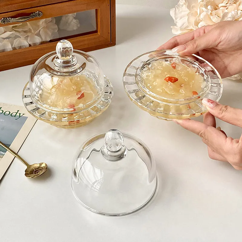 1 Stück Chinesische Vogelnest-Schale, Weißer Pilz-Becher, Glasbecher mit transparentem Deckel, Hochwertiger Obst-Dessert-Suppenbecher