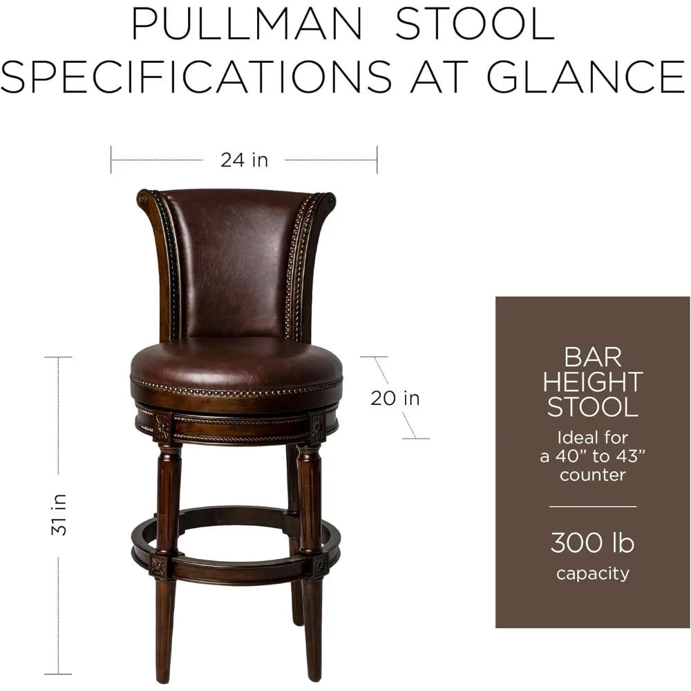 Pullman-Banqueta estofada estofada, Altura da barra alta, De volta ao acabamento escuro Walnut, Assento de couro vegano marrom vintage, 31 em