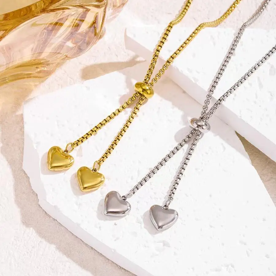 

Niche Light Luxury Ins Style Necklace Pulling Smooth Double Love Pendant Clavicle 14K Gold Chain