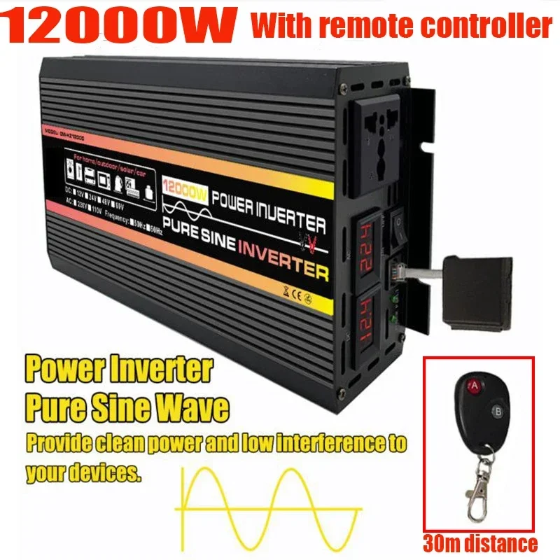 8000W/10000W Pure Sine Wave Power Inverter Voltage Transformer Intelligent Digital Display Car Home Outdoor DC12V-220V Converter