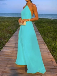 New Summer Women Elegant Backless Party Dress Solid Halter Chain Loungewear Sleeveless Ladies Maxi Dress Streetwear Dropshipping