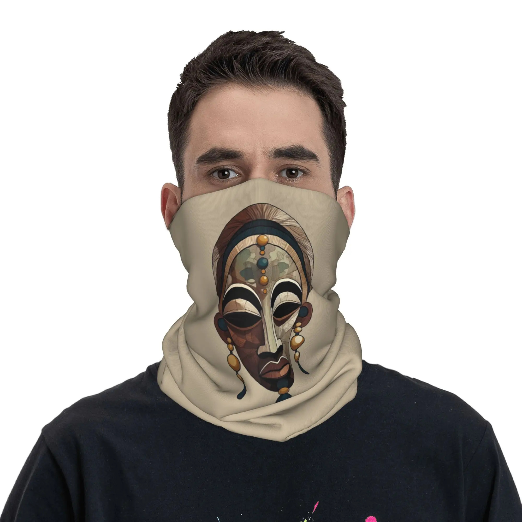 Earthy Boho African Tribal Mask Beaded Adornment Bandana Neck Cover Printed Wrap Scarf Balaclava Outdoor Sports For Men Women