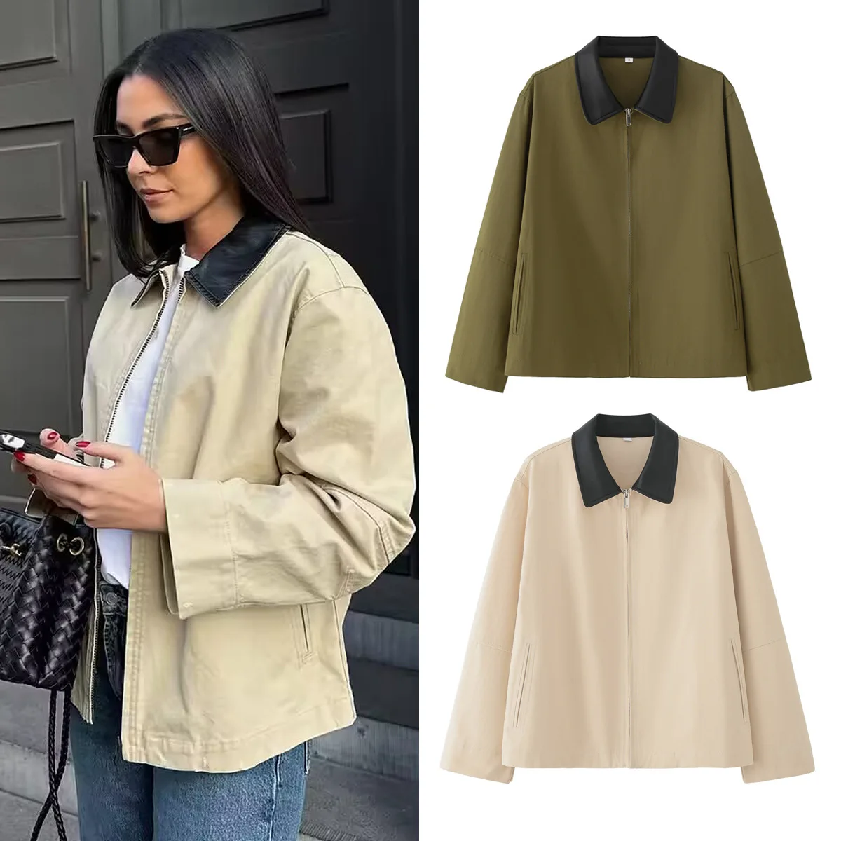 Vintage Color-Block Jacket Baseball Coat for Women High-end Texture Two-color PU Leather Stitching Lapel Casual Coat