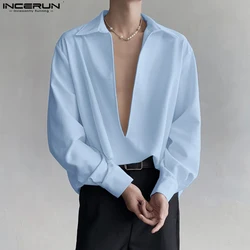 2024 Men's Shirt Solid Color V Neck Long Sleeve Loose Streetwear Casual Men Clothing Korean Style Leisure Shirts S-5XL INCERUN