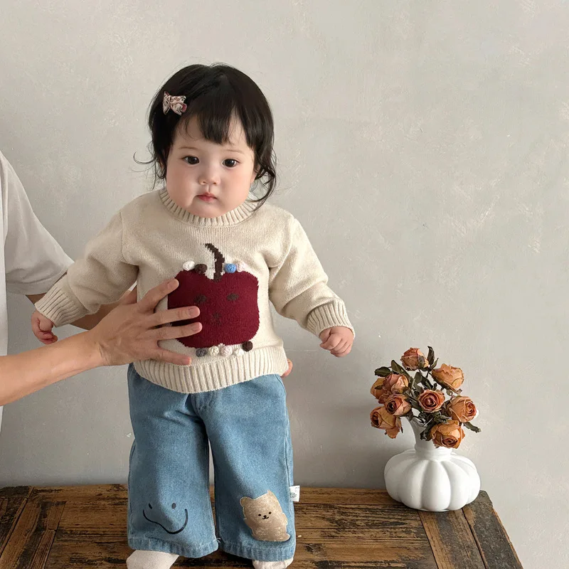 

2025 Girls' Sweater Autumn Winter Set Soft Thick Knitted Top Infant Straight Jeans