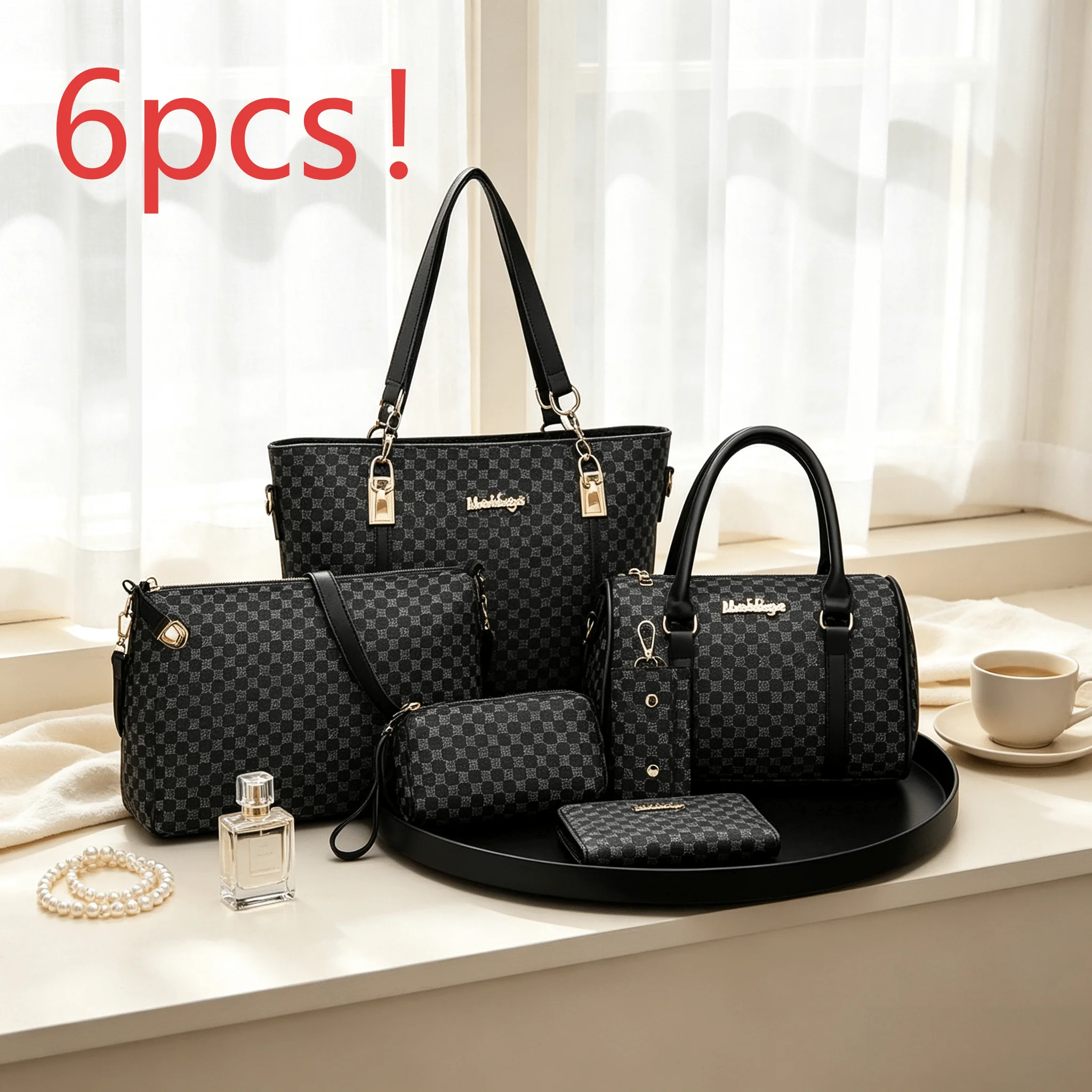 Classic Printed Women's 6-Piece Set Large Capacity Commuter Handbag Vintage Printed Handbag Crossbody Bag Set Multi Functional Commuter Shoulder Bag