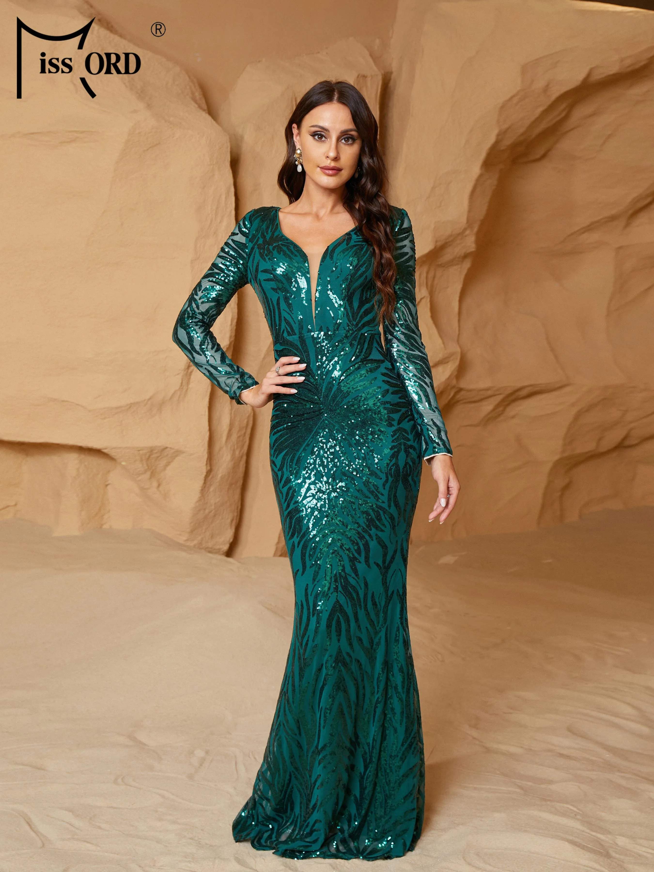 

Missord Elegant Green Print Party Dress Women Long Sleeve V Neck Sequin Bodycon Mermaid Evening Dresses Ladies Prom Gown