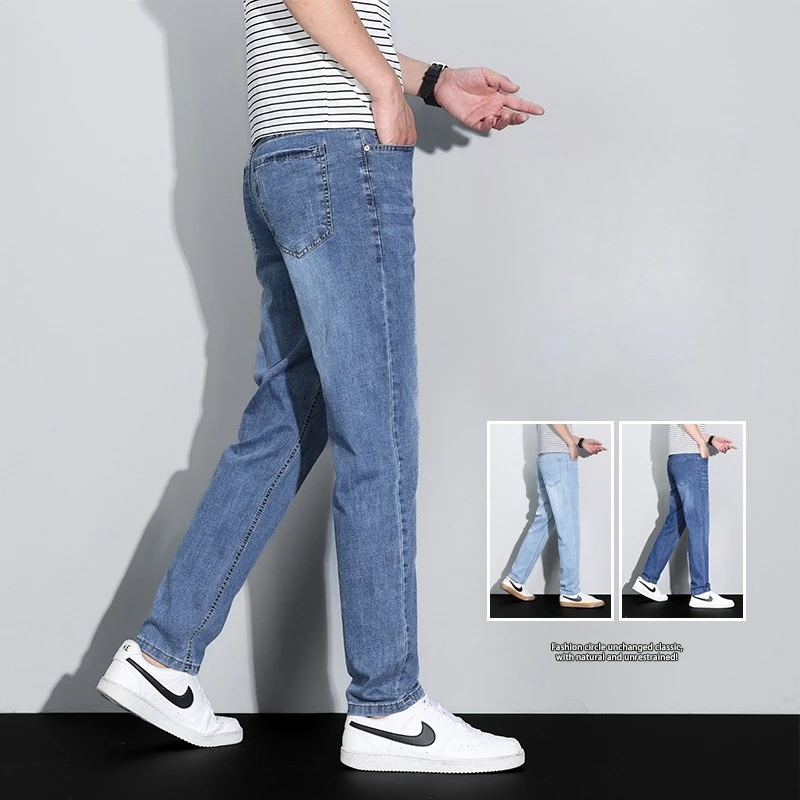 Celana Kargo Denim Sutra Es Pria Jeans Kasual Bisnis Tipis Baru Musim Panas Luar Ruangan Y2K Cocok untuk Semua Jeans Elastis Lurus Slim Fit Pria