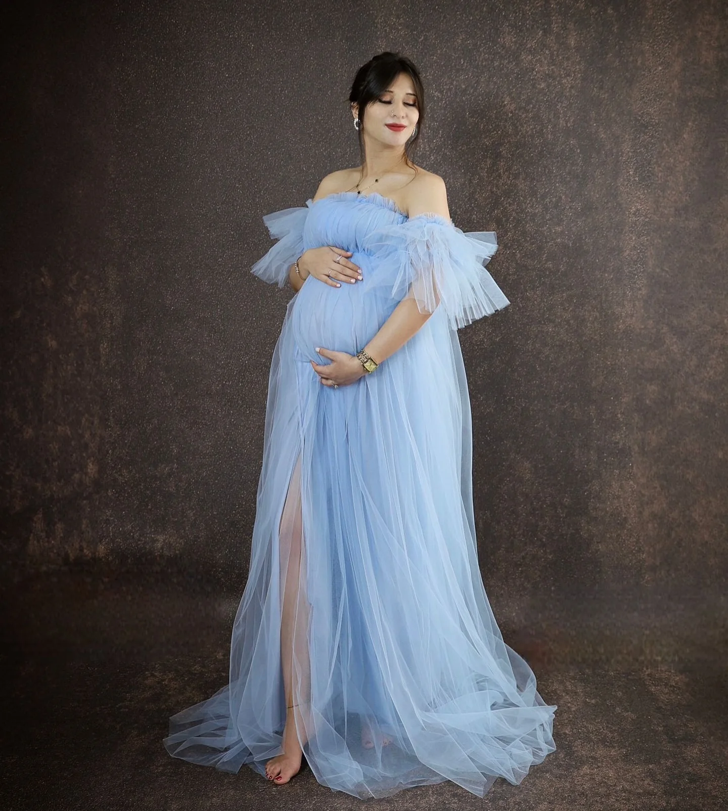 Hellblaue Umstands kleider für Fotoshooting Baby party Tüll von der Schulter Braut Ballkleid Frauen schwanger maßge schneidert