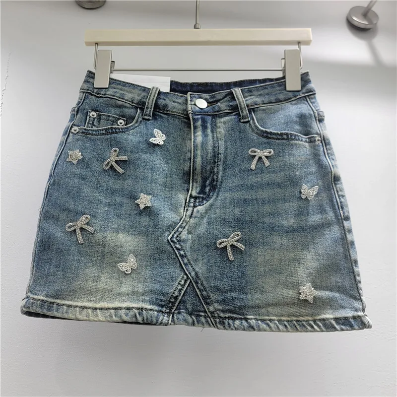 Denim Skirts Women Short Skirt Beach High Waist A Line Slim Fit Hip Wrap Bow Butterfly Splice Y2k Streetwear Work 2026 summer