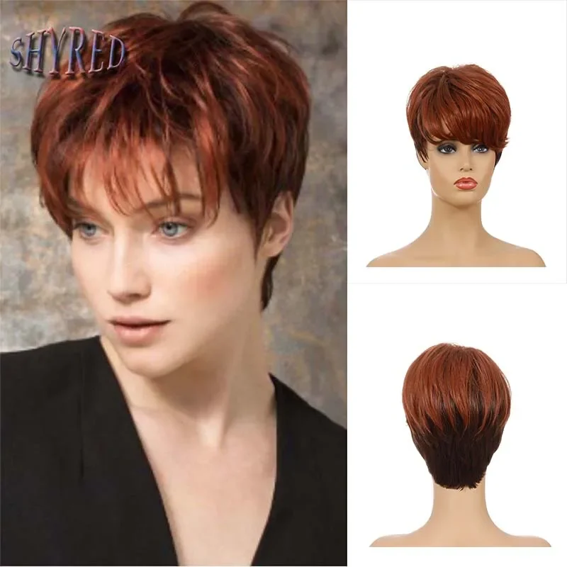 

Short Straight Ombre Orange Mixed Brown Wig with Bang for Women Synthetic Natural Hair Wig Dark Roots Heat Resistant Wigs