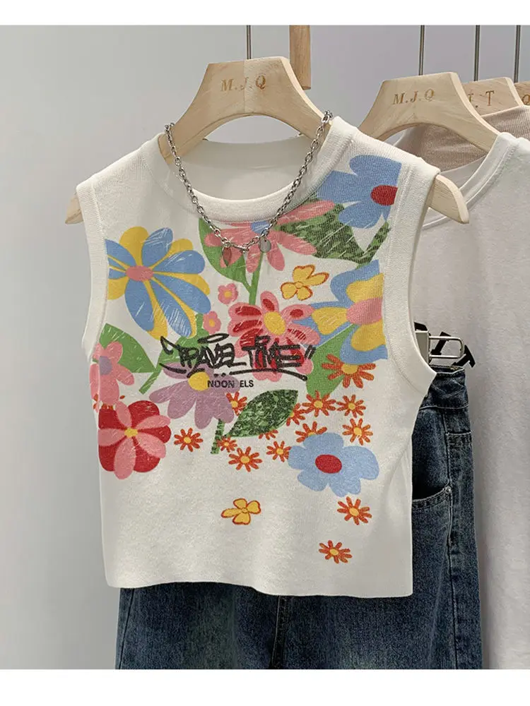 Vintage Graffiti Flower Print Knitted Camisole Women Sweater Vests Crop Tank Tops Fashion Sexy Streetwear Sleeveless Knitwear