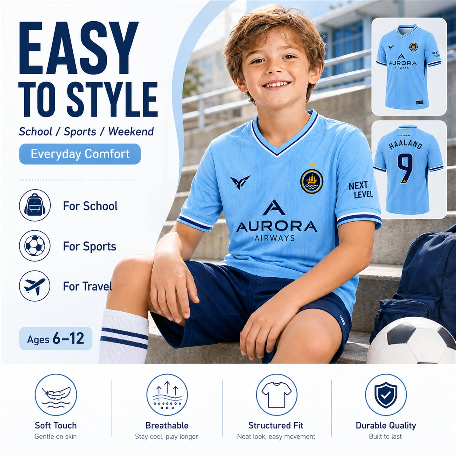 Erwachsenen- und Kinder-Fußballtrikot in Blau, Haaland 9 Fußballshirt, Atmungsaktives, Schnell Trocknendes Kurzarm-Sporttrikot für Jungen und Mädchen, Fan-Top – Detail 3