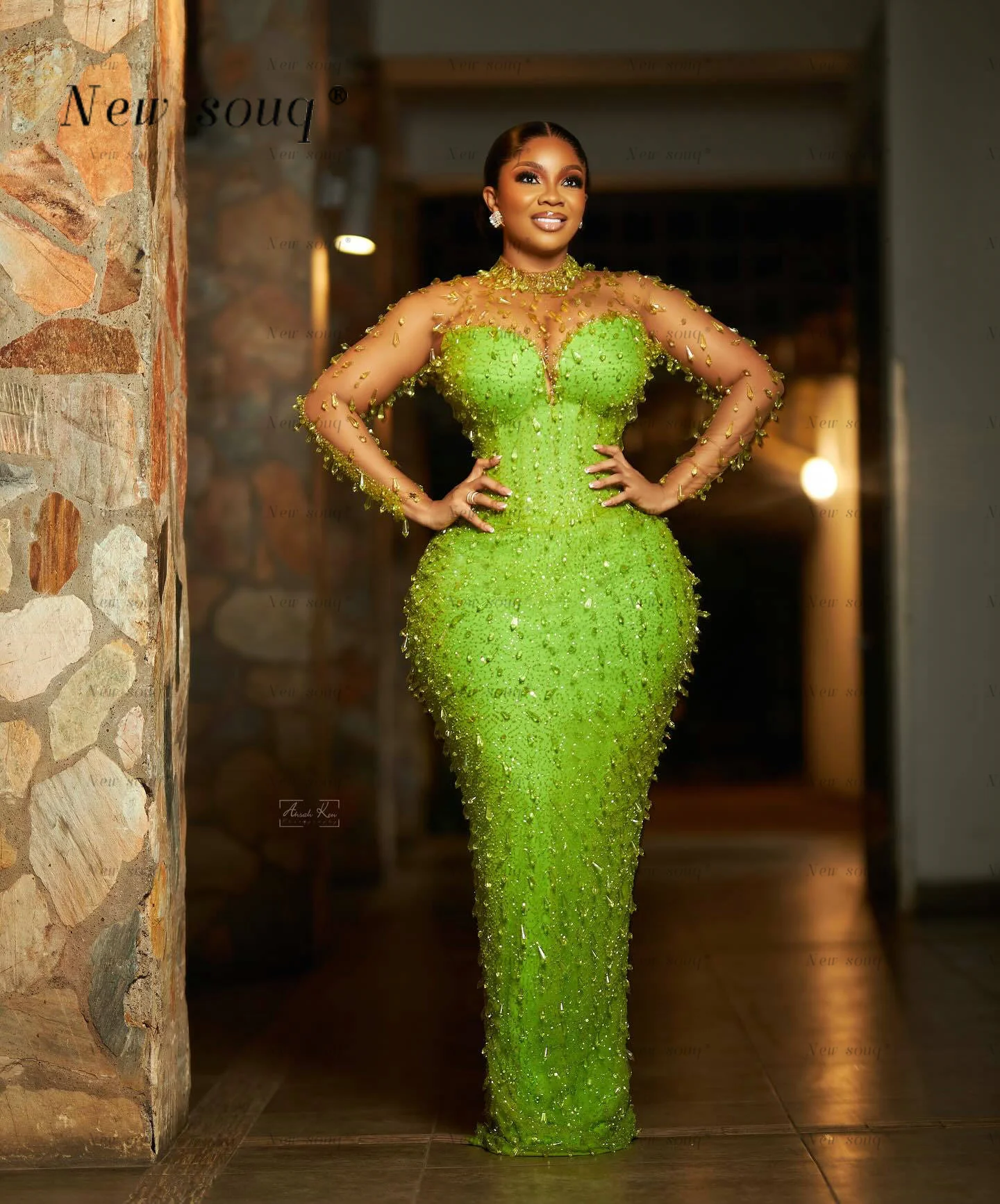 

Gorgeous Green Full Crystals Long Sleeves Evening Dresses African Aso Ebi Plus Size Sequins Women's Mermaid Wedding Party Gowns