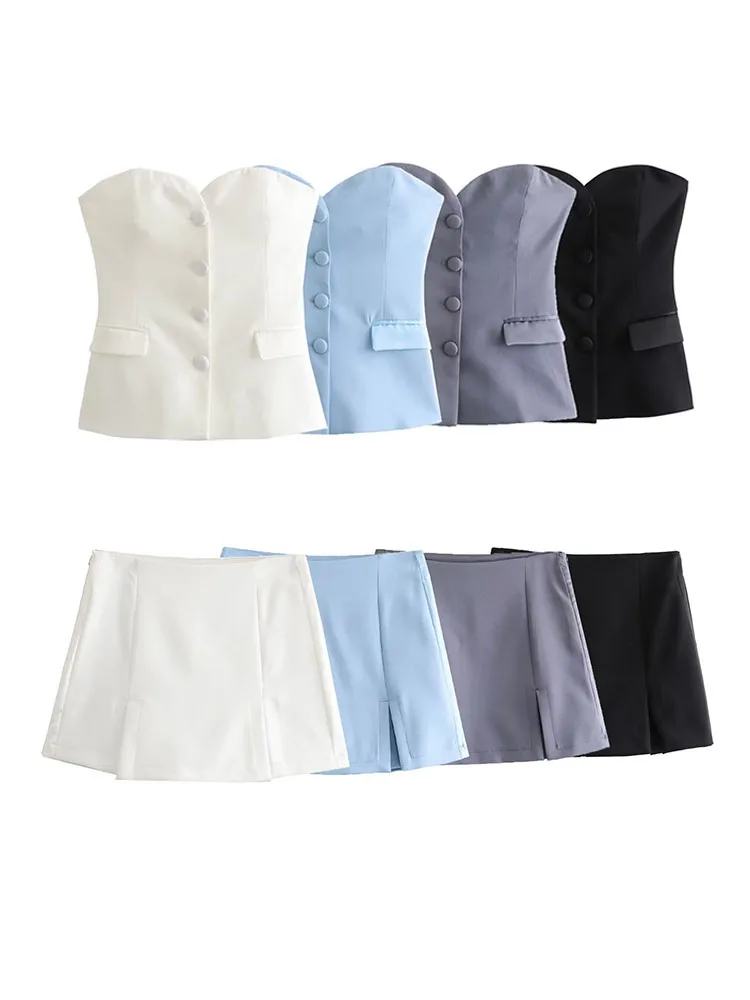 

TRAFZA Summer Female New Flip Decoration Satin Texture Spliced Solid Pocket Corset Style Tops Vintage High Waist Skirt Suit