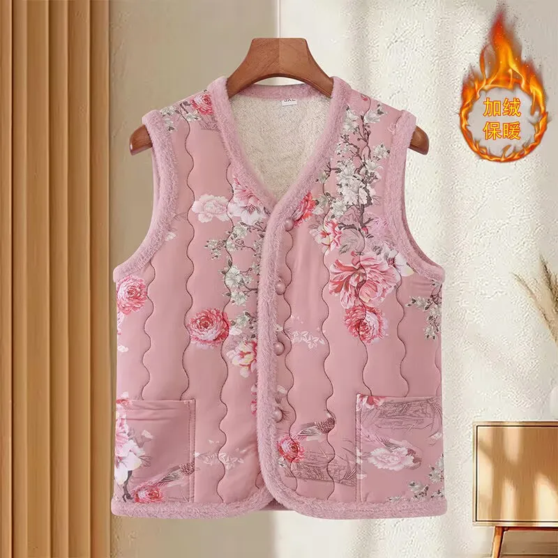 

Women Floral Fleece Waistcoat 2025 Autumn Winter Woman Thick And Warm Cotton Vest Outwear Coat Chinese Style Warm Fleece Vest