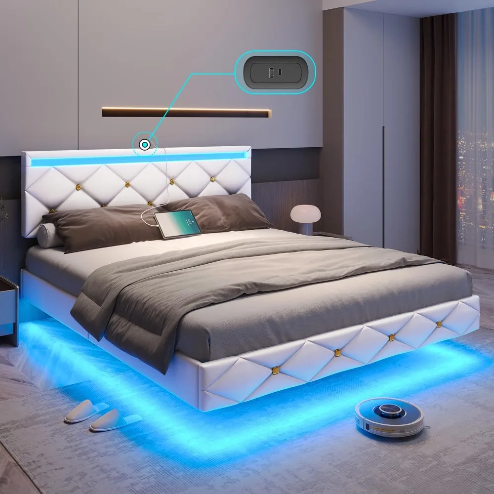 

Queen Size Bed Frame with LED Lights and USB Ports, Faux Leather Headboard Low Profile Platform, Modern Floating Bed Frame