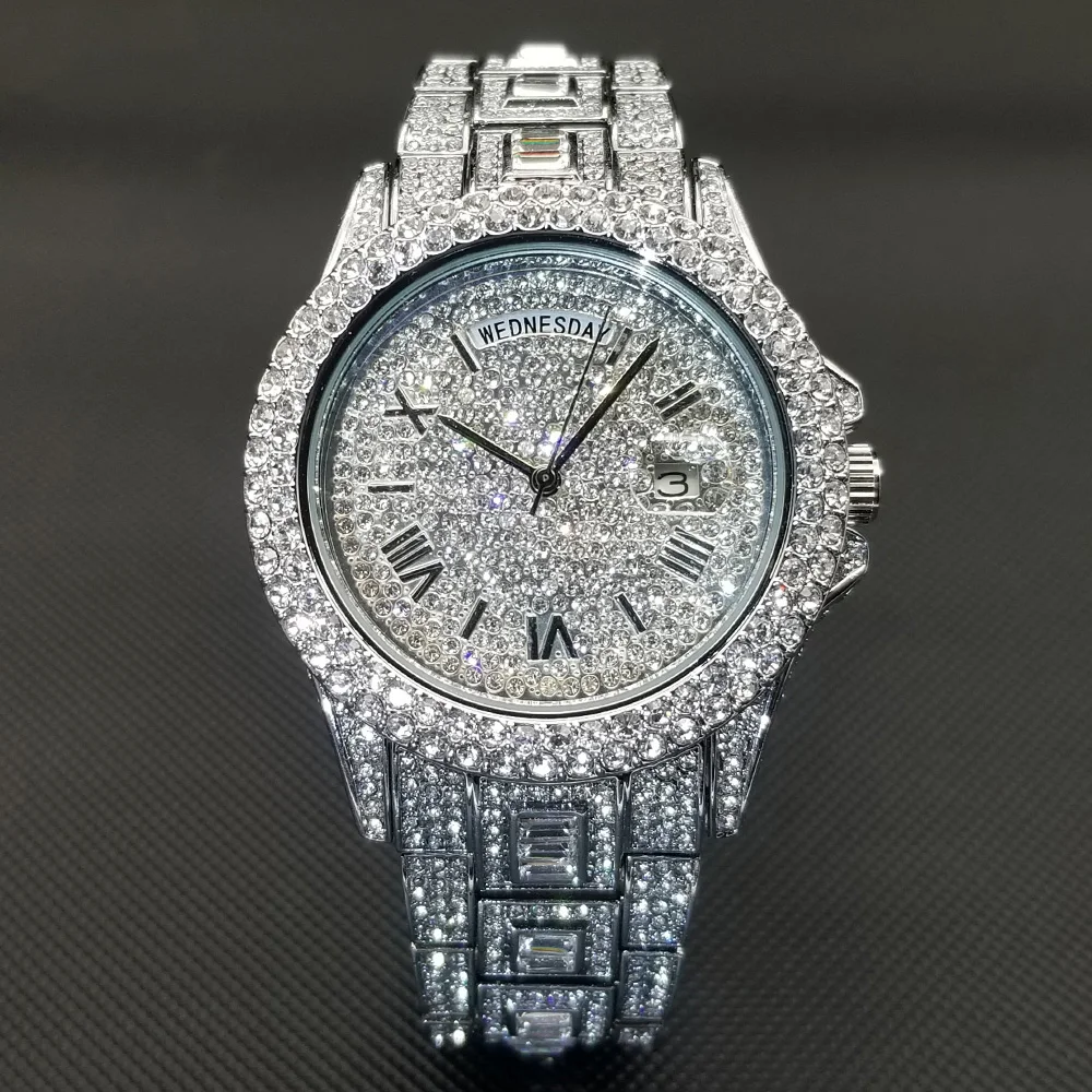 

Date Day Diamond Watch For Men Luxury Stainless Steel Street Style Ice Out Wristwatch Hip Hop Silver Bling Waterproof Clock Gift