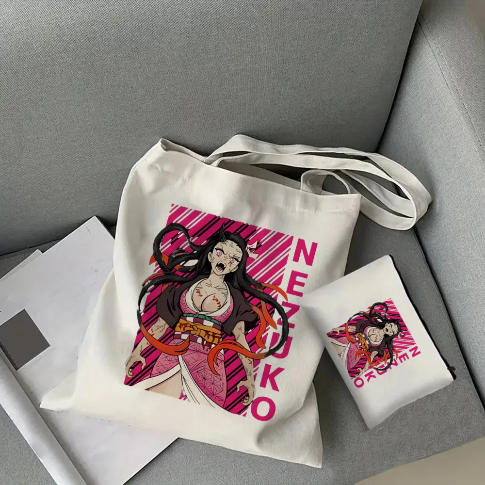 2pcs Demon Slayer Kamado Nezuko Tote Bag Set, Fashion Canvas Shoulder Bag with Makeup Bag, Portable Shopping Bag